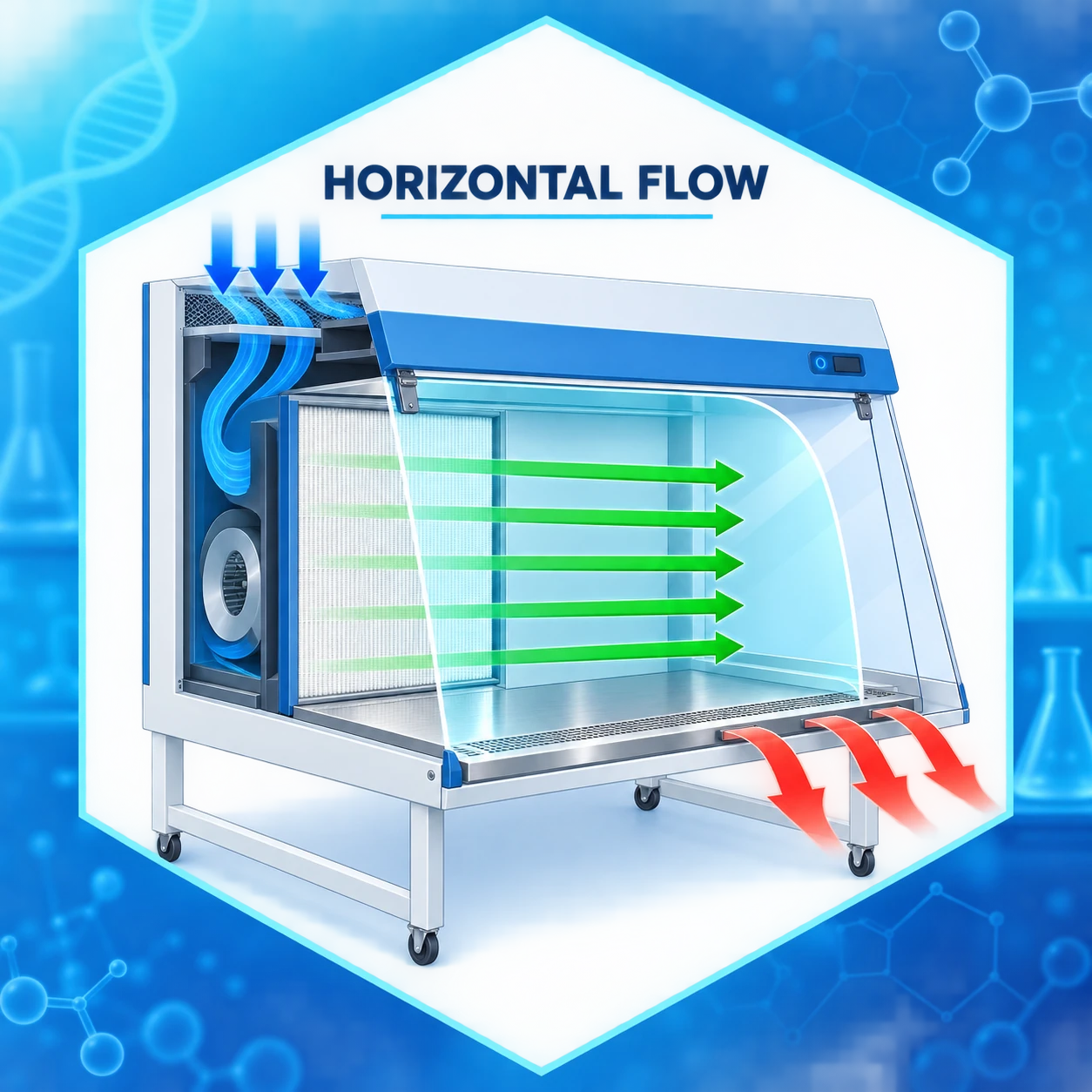 Horizontal laminar flow cabinet cutaway airflow system diagram