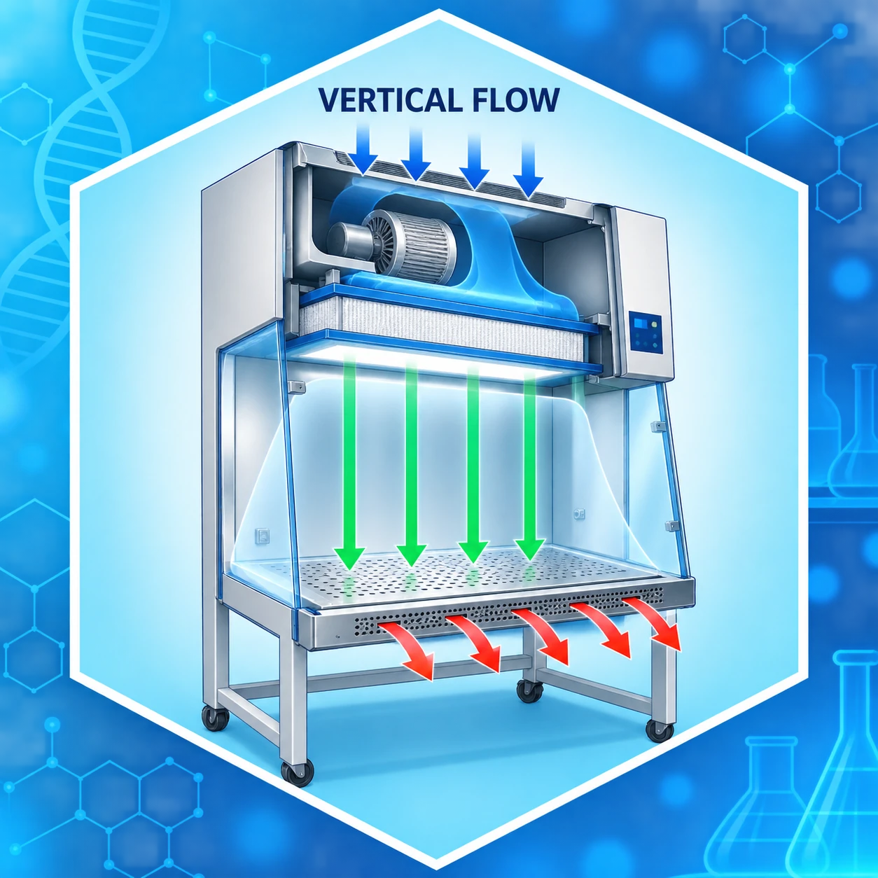 Vertical laminar flow cabinet cutaway airflow system diagram